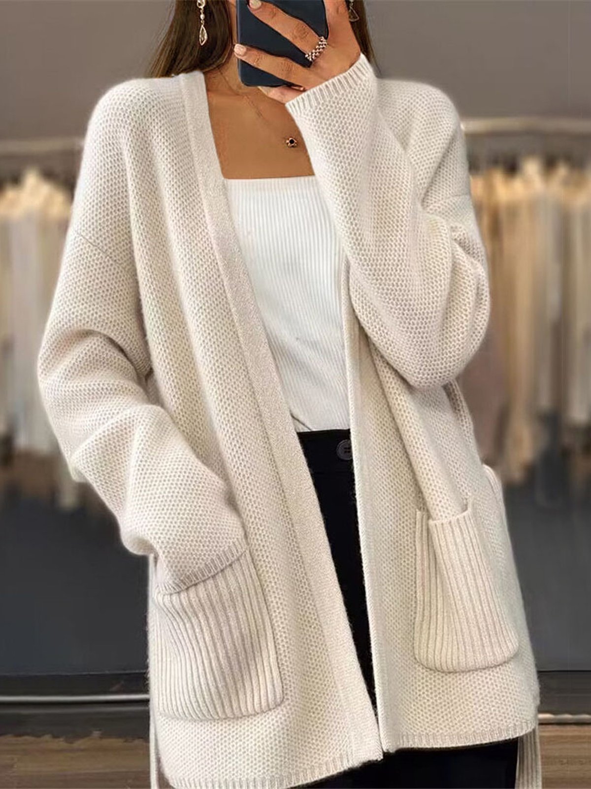 Women's Casual Winter Plain Yarn/Wool Yarn Pocket Stitching Cardigan