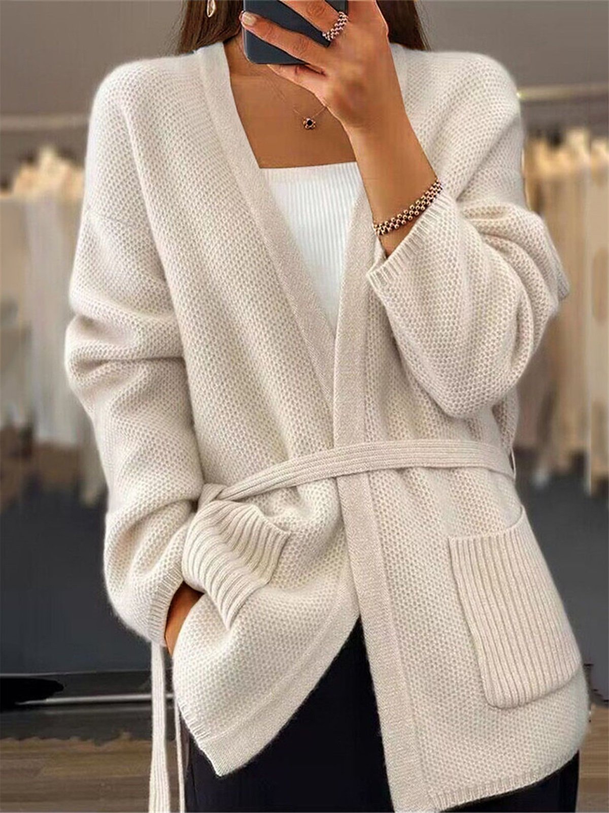 Women's Casual Winter Plain Yarn/Wool Yarn Pocket Stitching Cardigan