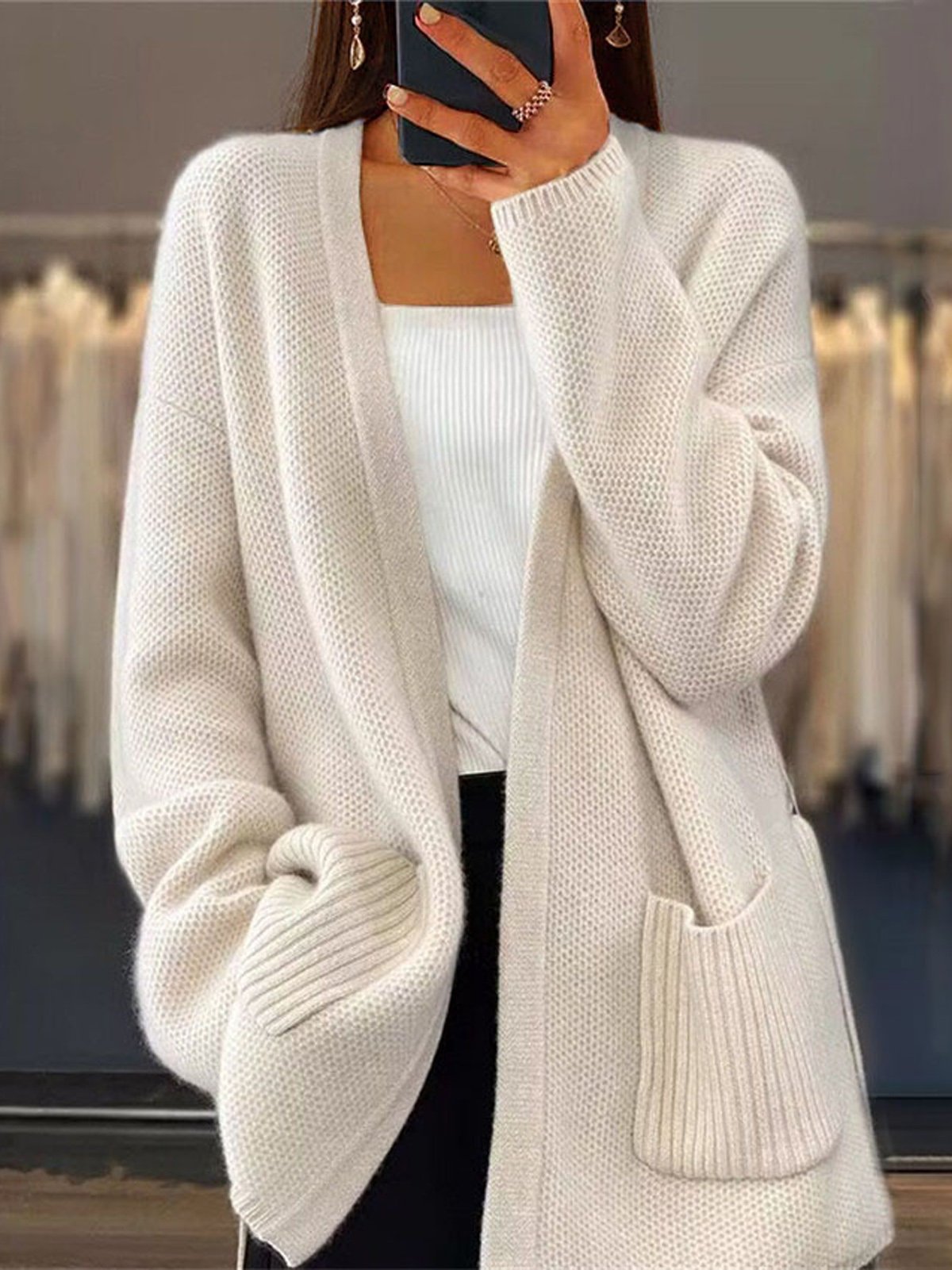 Women's Casual Winter Plain Yarn/Wool Yarn Pocket Stitching Cardigan