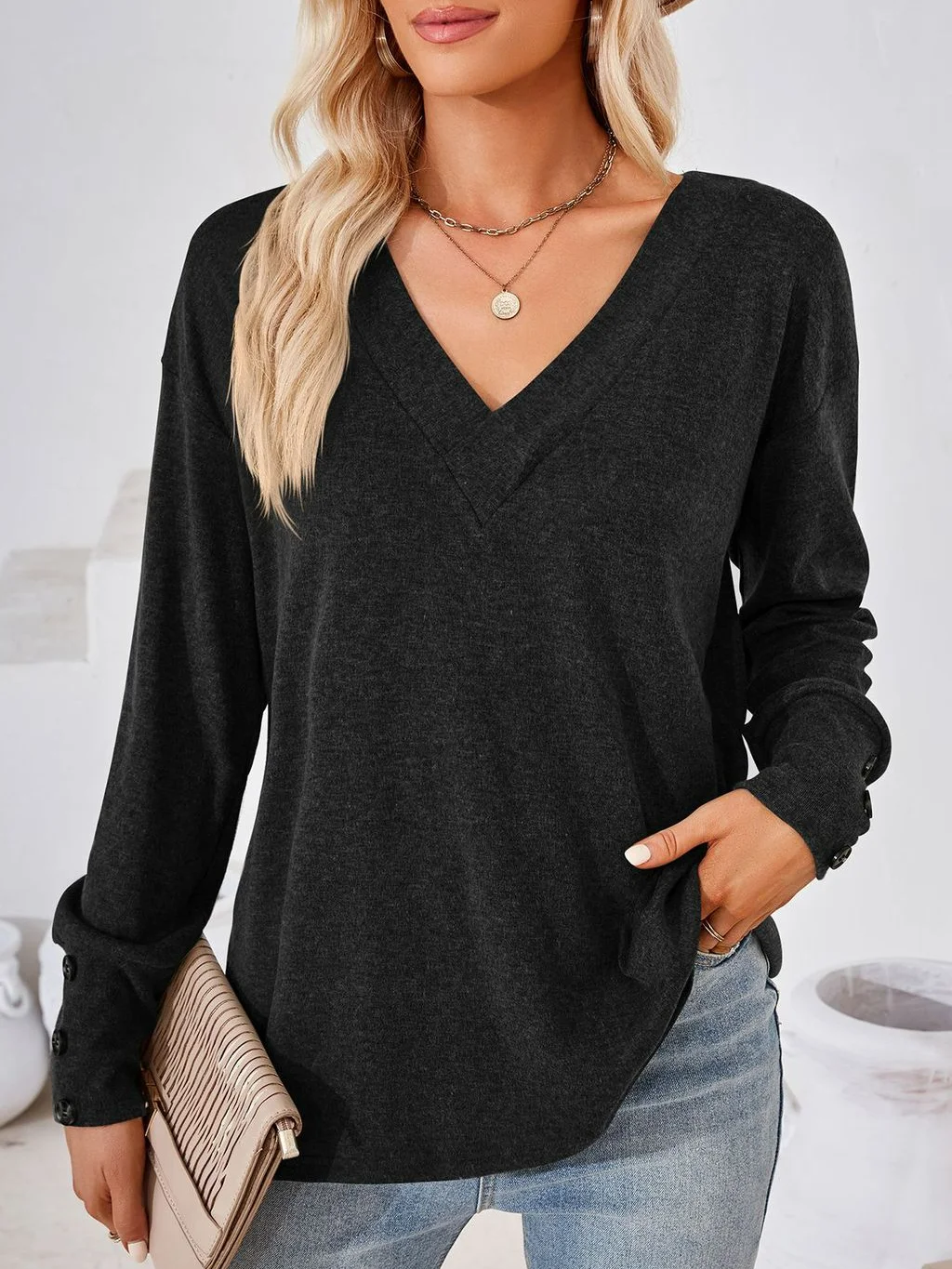 Women's Long Sleeve Tee T-shirt Spring/Fall Plain Buckle V Neck Daily Going Out Casual Top