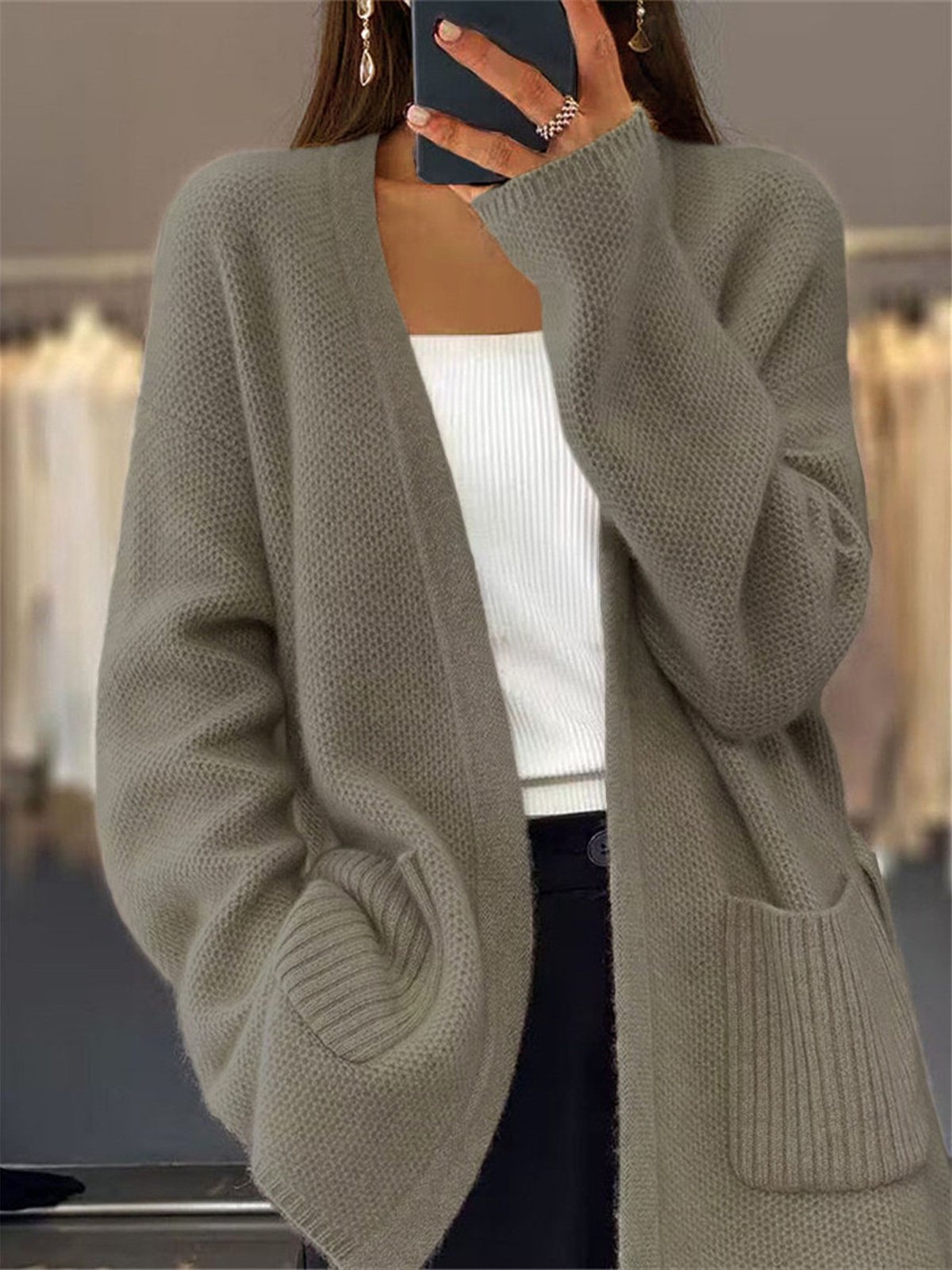 Women's Casual Winter Plain Yarn/Wool Yarn Pocket Stitching Cardigan