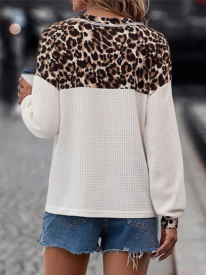 Women's V Neck Leopard Split Joint Casual Spring/Fall Long Sleeve Sweatshirt