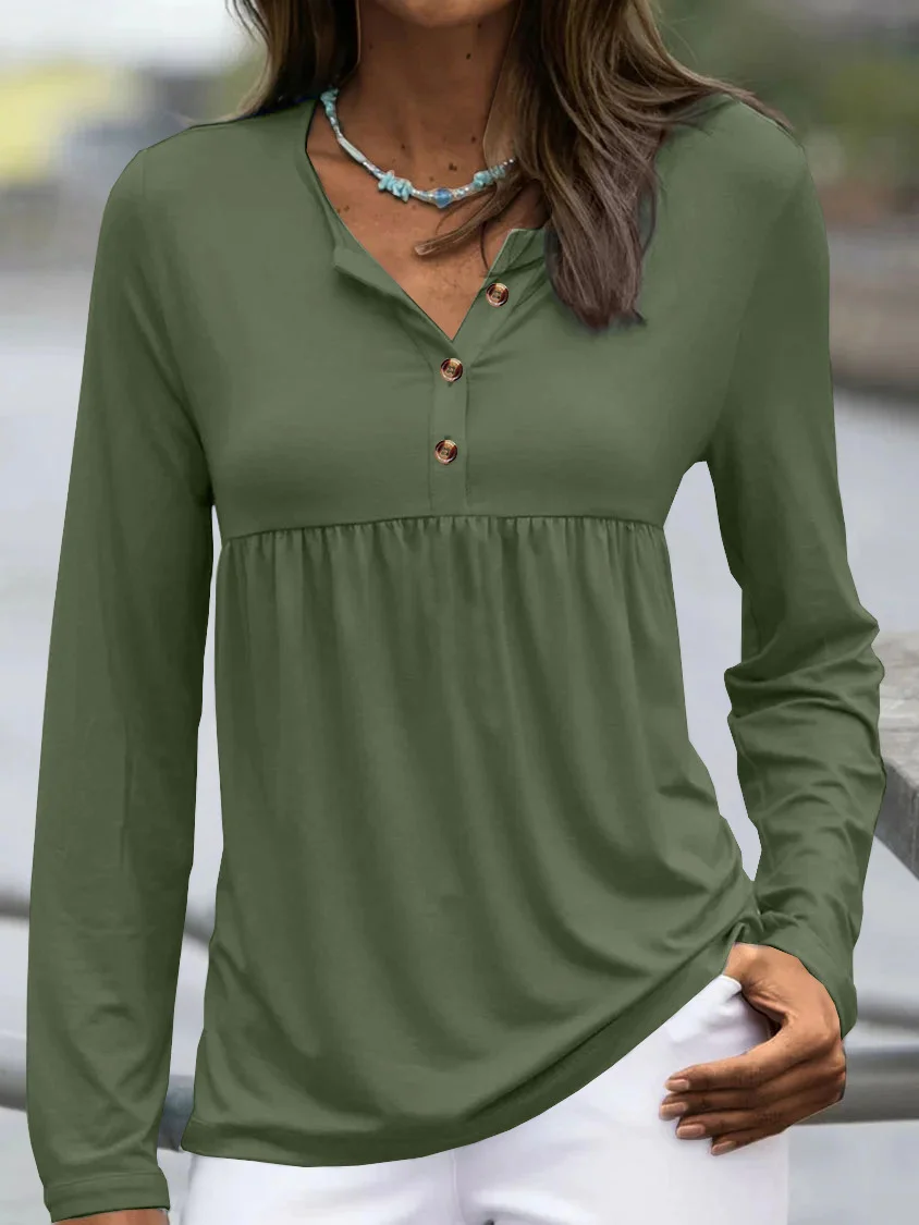 Women's Long Sleeve Tee T-shirt Spring/Fall Plain Buckle V Neck Daily Going Out Casual Top