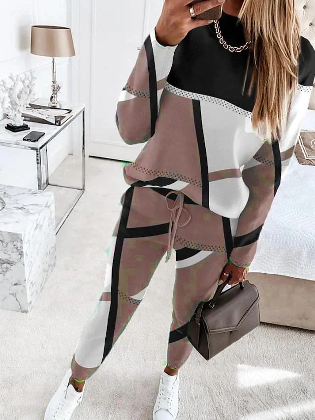 Women's Contrast Stitching Daily Going Out Two Piece Set Long Sleeve Casual Spring/Fall Top With Pants Matching Set