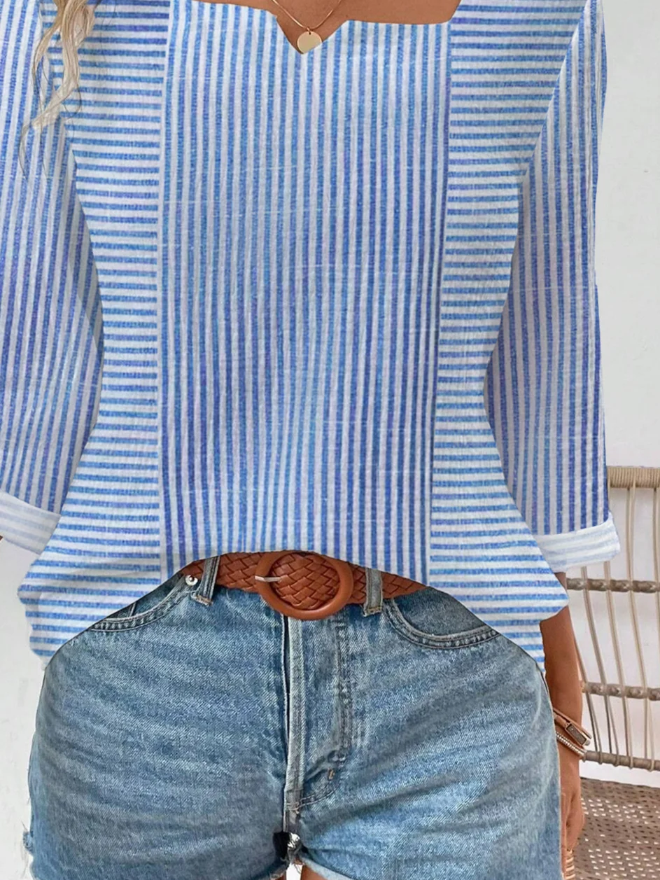 Women's Three Quarter Sleeve Tee T-shirt Spring/Fall Striped Cotton Notched Daily Going Out Casual Top