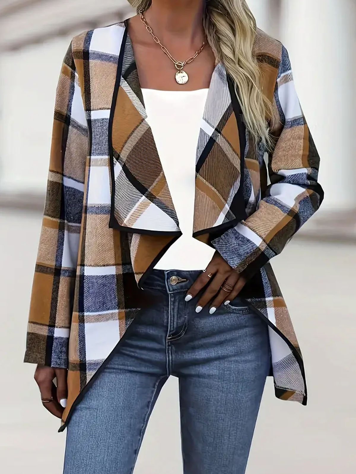 Women's Spring/Fall Outerwear Casual Plaid Long Sleeve Jacket