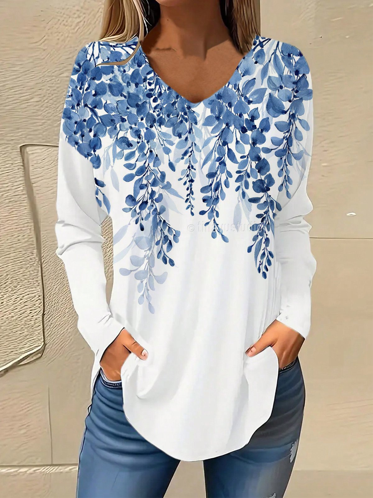 Women's Long Sleeve Blouse Spring/Fall Floral V Neck Daily Going Out Casual Top