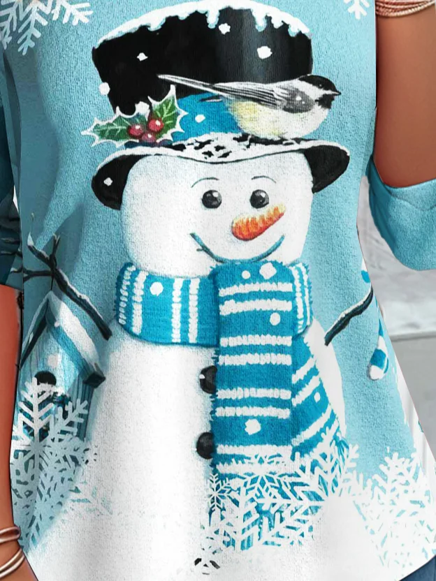 Women's Long Sleeve Tee T-shirt Spring/Fall Christmas Snowman Printing Jersey Crew Neck Holiday Going Out Vintage Top