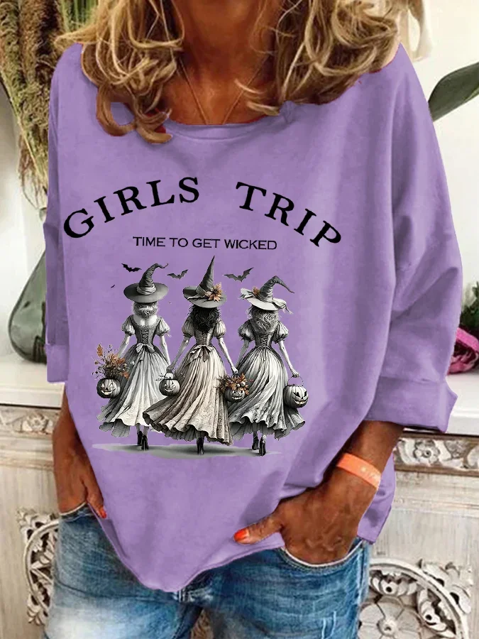 Women's Crew Neck Halloween (Halloween Hat) Casual Spring/Fall Cotton-Blend Long Sleeve Sweatshirt