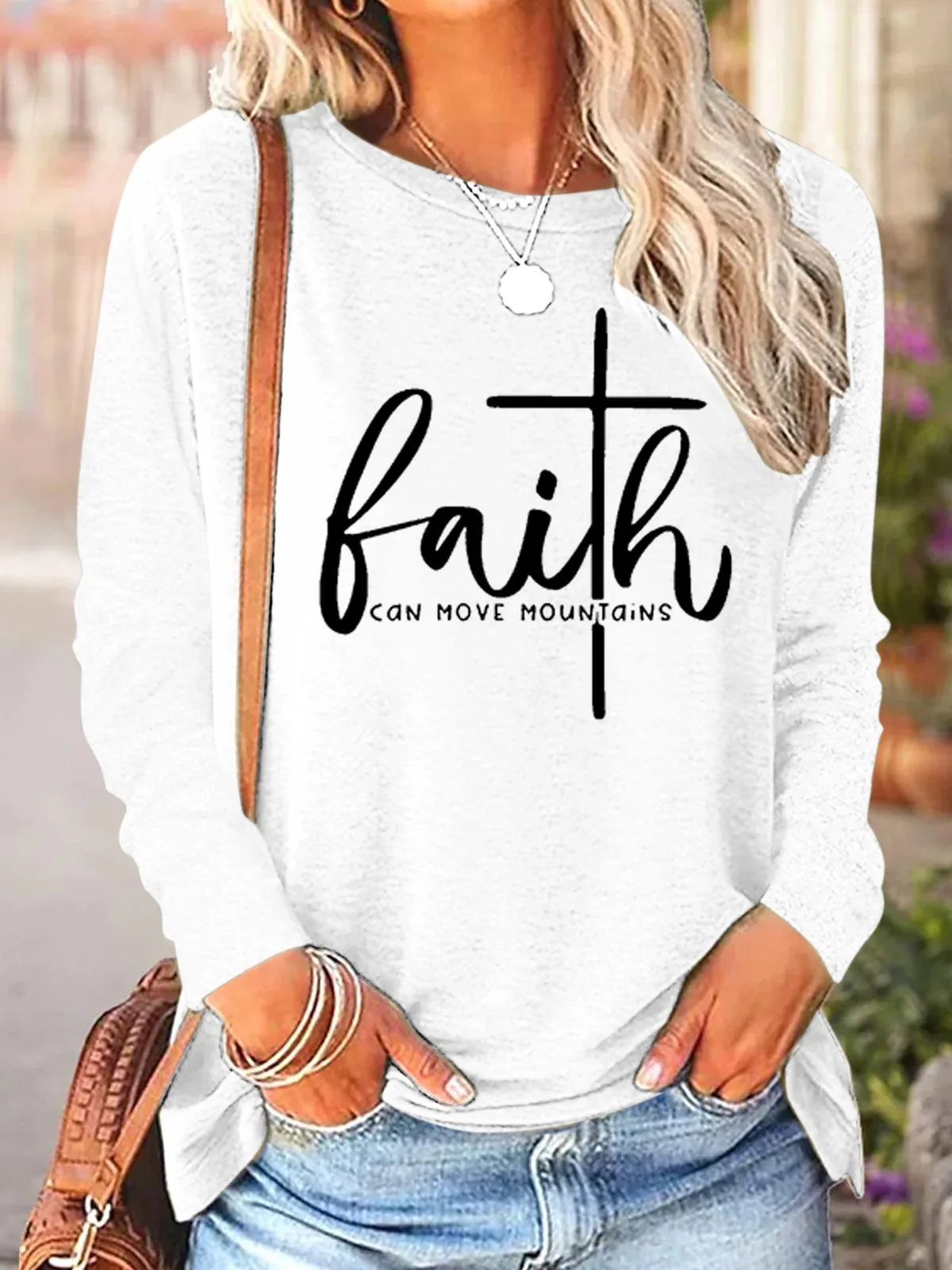 Women's Long Sleeve Blouse Spring/Fall Text Letters Cotton-Blend Crew Neck Daily Going Out Casual Top