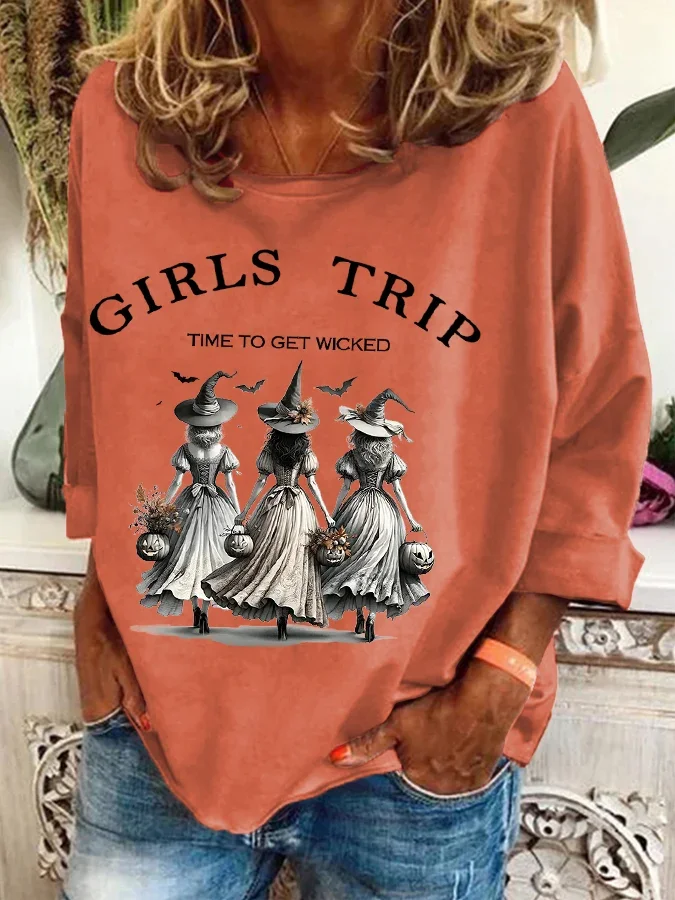 Women's Crew Neck Halloween (Halloween Hat) Casual Spring/Fall Cotton-Blend Long Sleeve Sweatshirt