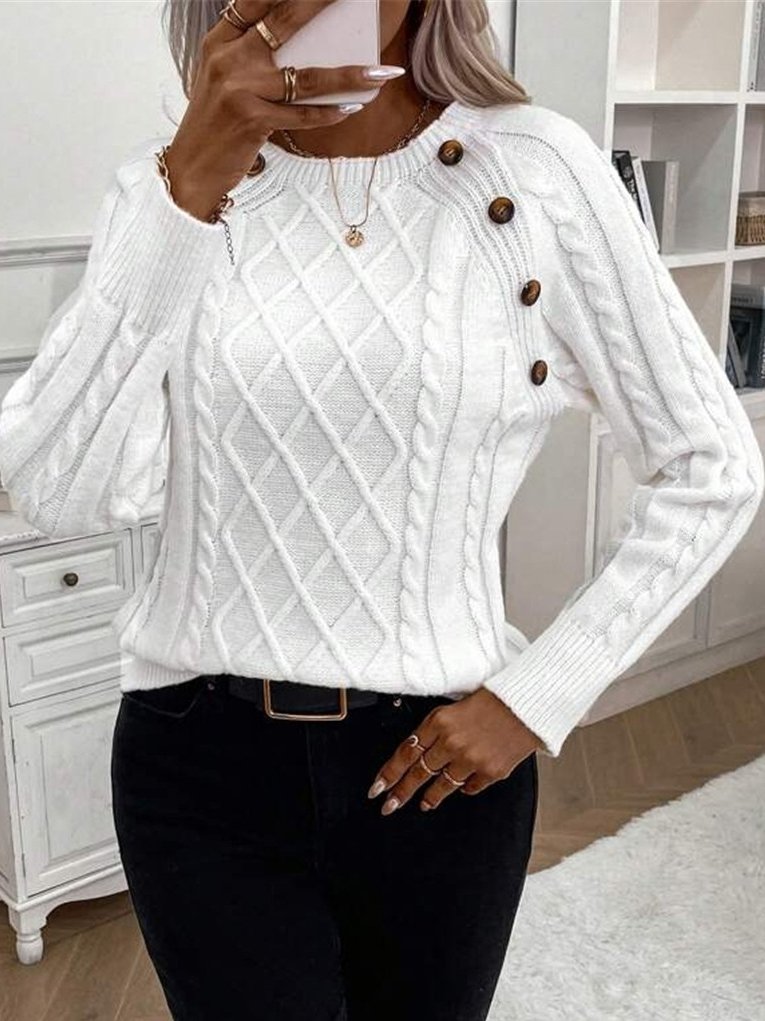 Women's Buckle Winter Plain Casual Long Sleeve Crew Neck Yarn/Wool Yarn Sweater