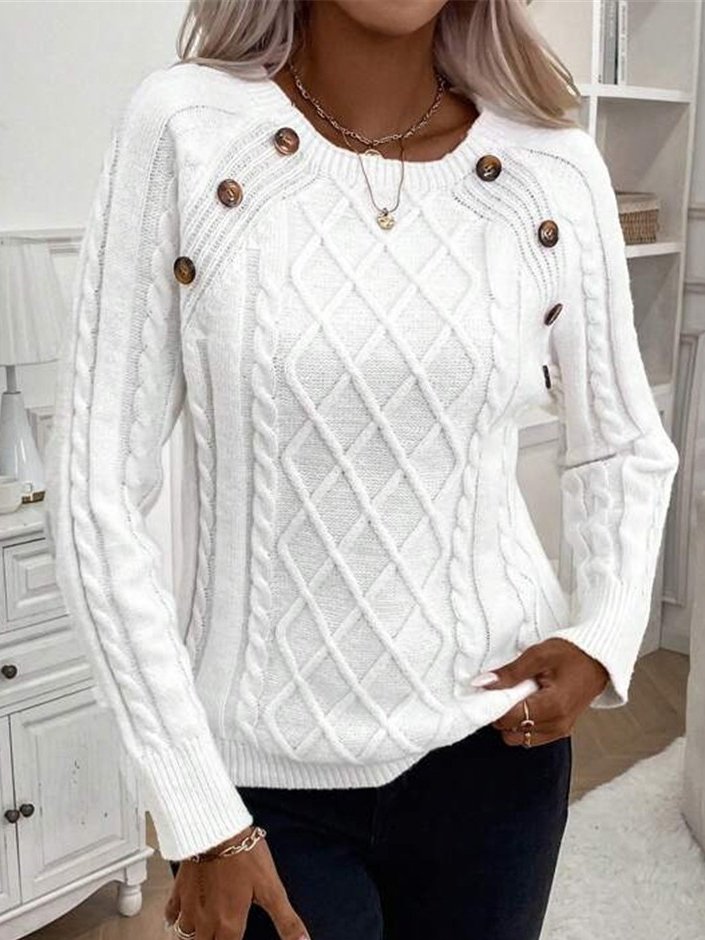 Women's Buckle Winter Plain Casual Long Sleeve Crew Neck Yarn/Wool Yarn Sweater