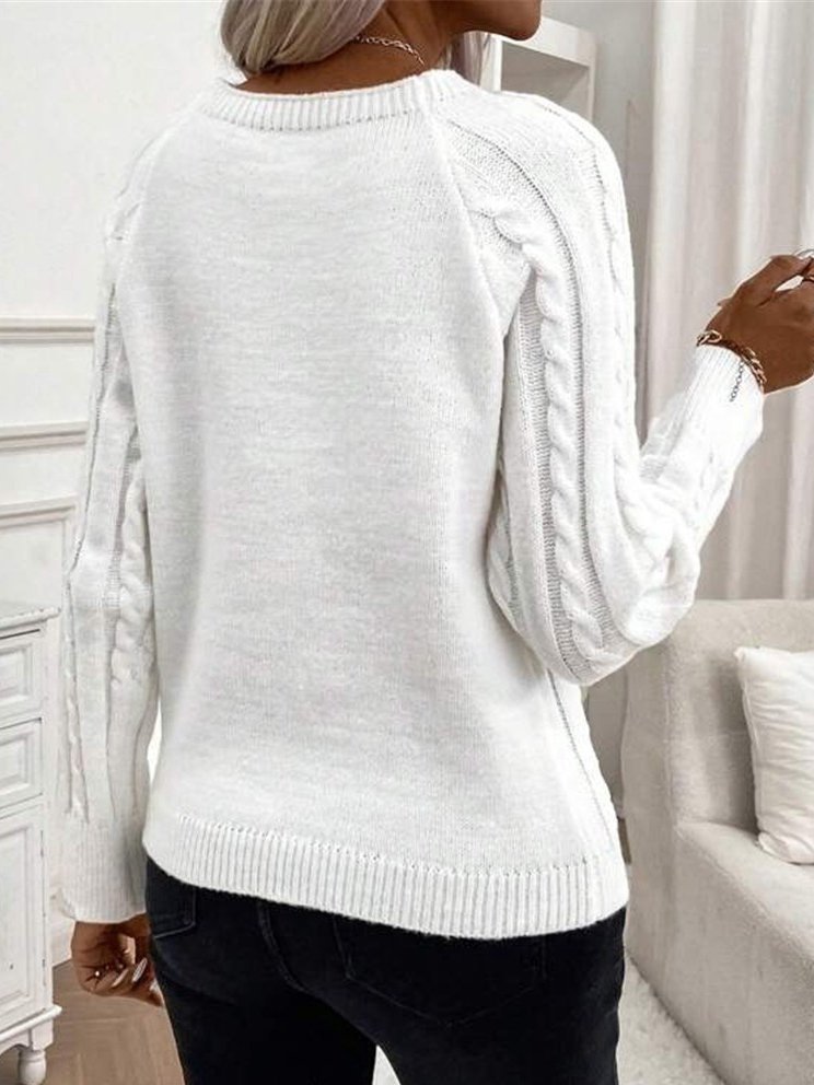 Women's Buckle Winter Plain Casual Long Sleeve Crew Neck Yarn/Wool Yarn Sweater