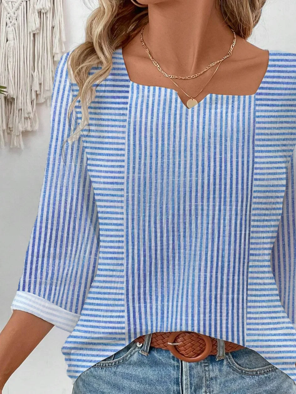 Women's Three Quarter Sleeve Tee T-shirt Spring/Fall Striped Cotton Notched Daily Going Out Casual Top