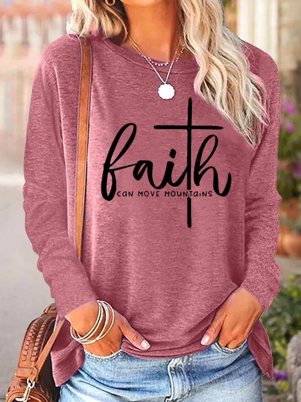 Women's Long Sleeve Blouse Spring/Fall Text Letters Cotton-Blend Crew Neck Daily Going Out Casual Top