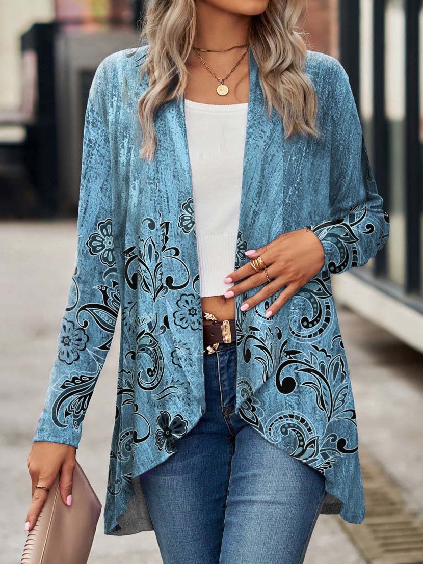 Women's Spring/Fall Outerwear Vintage Floral Jersey Shawl Jacket