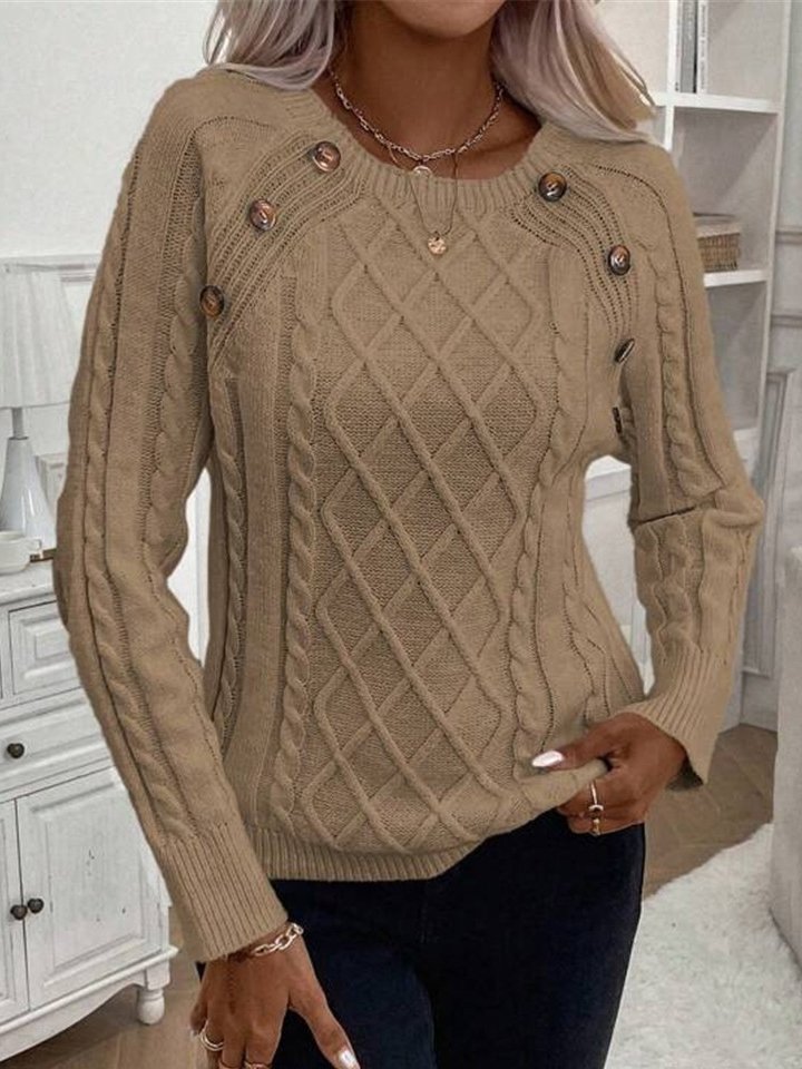 Women's Buckle Winter Plain Casual Long Sleeve Crew Neck Yarn/Wool Yarn Sweater