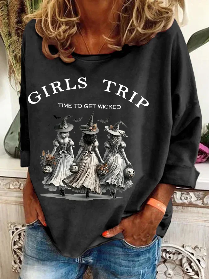 Women's Crew Neck Halloween (Halloween Hat) Casual Spring/Fall Cotton-Blend Long Sleeve Sweatshirt