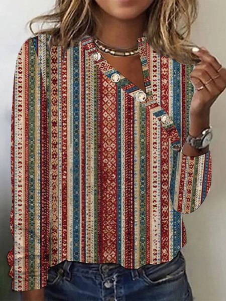 Women's Long Sleeve Tee T-shirt Spring/Fall Ethnic Printing Jersey Asymmetrical Collar Holiday Going Out Vintage Top