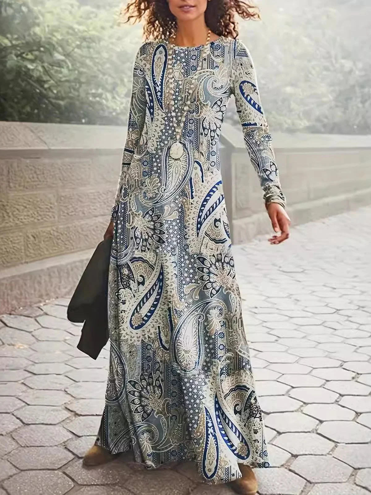 Women's Long Sleeve Spring/Fall Ethnic Dress Crew Neck Daily Going Out Casual Maxi H-Line