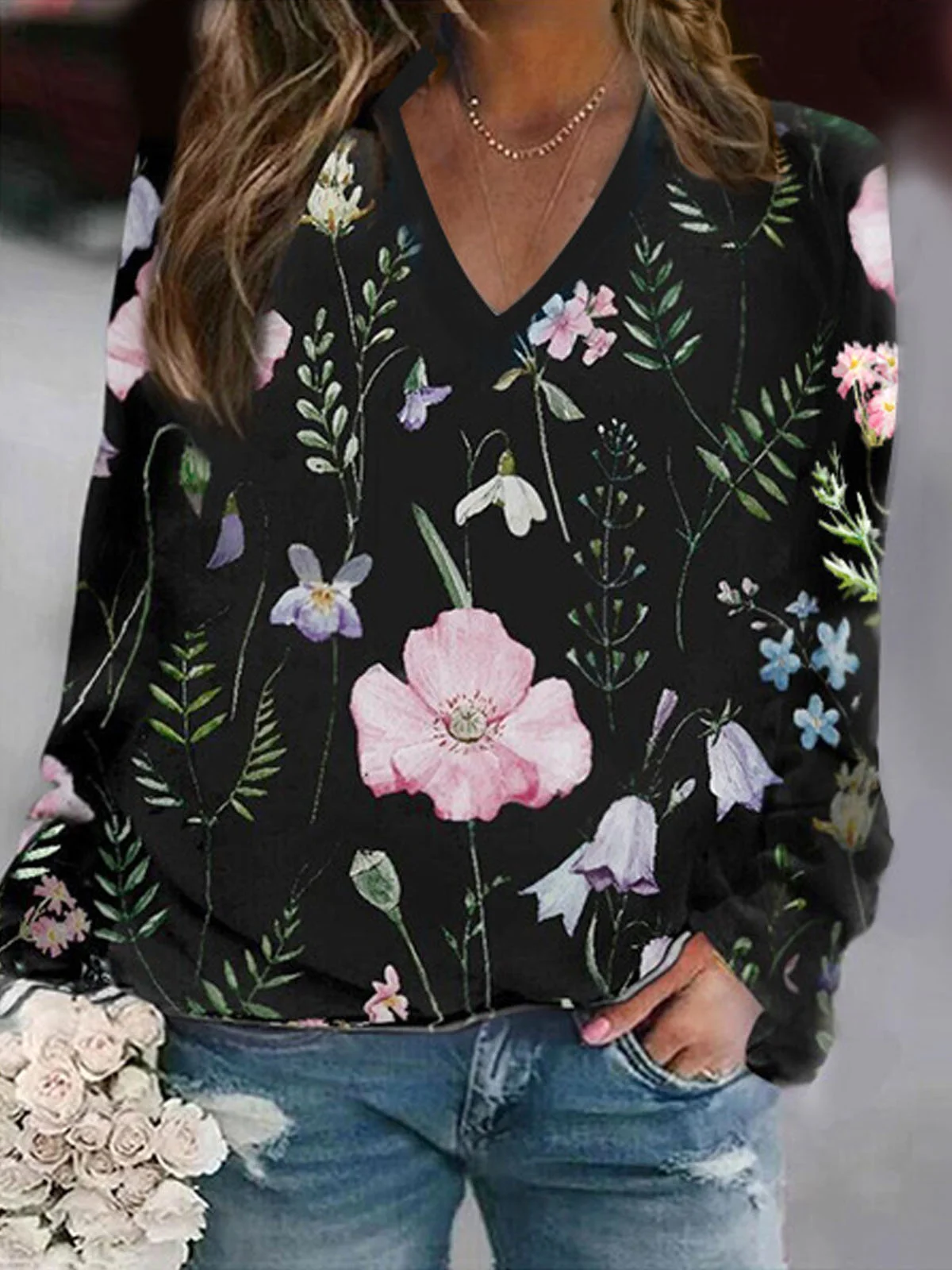 Women's V Neck Floral Casual Spring/Fall Long Sleeve Sweatshirt