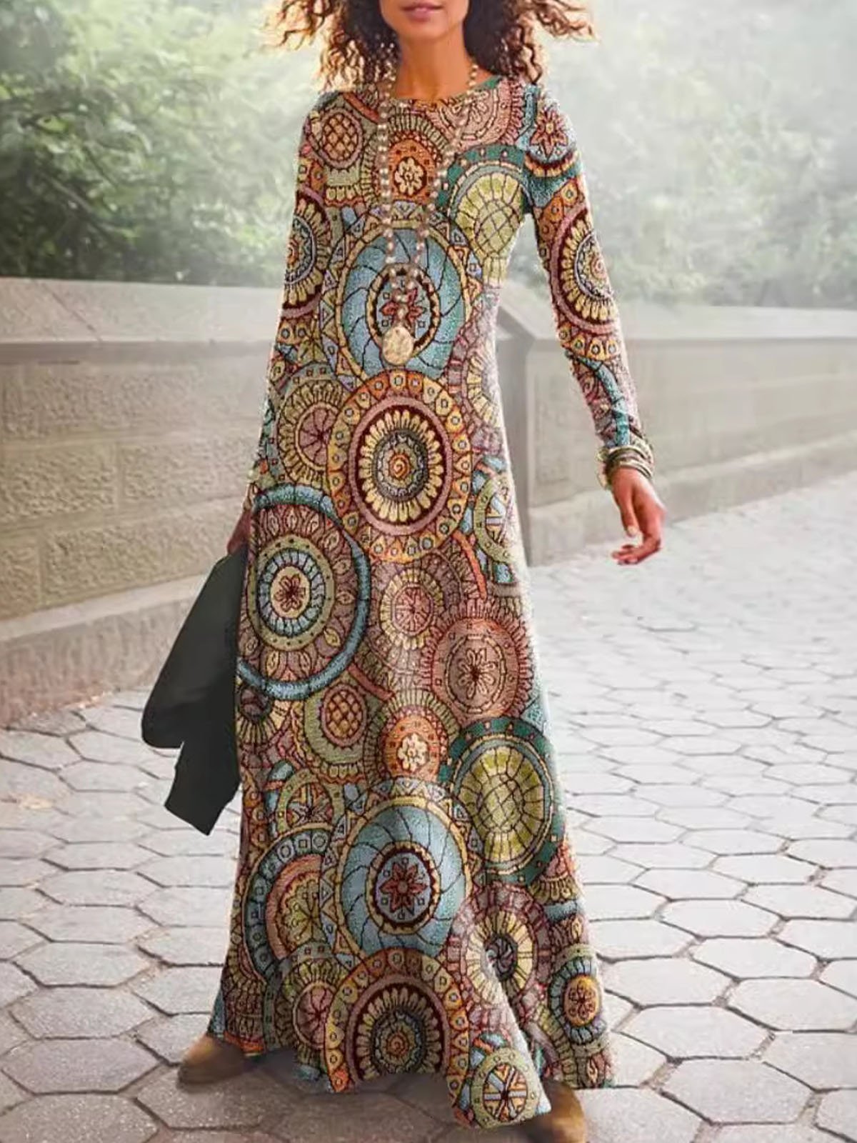 Women's Long Sleeve Spring/Fall Ethnic Dress Crew Neck Daily Going Out Casual Maxi H-Line