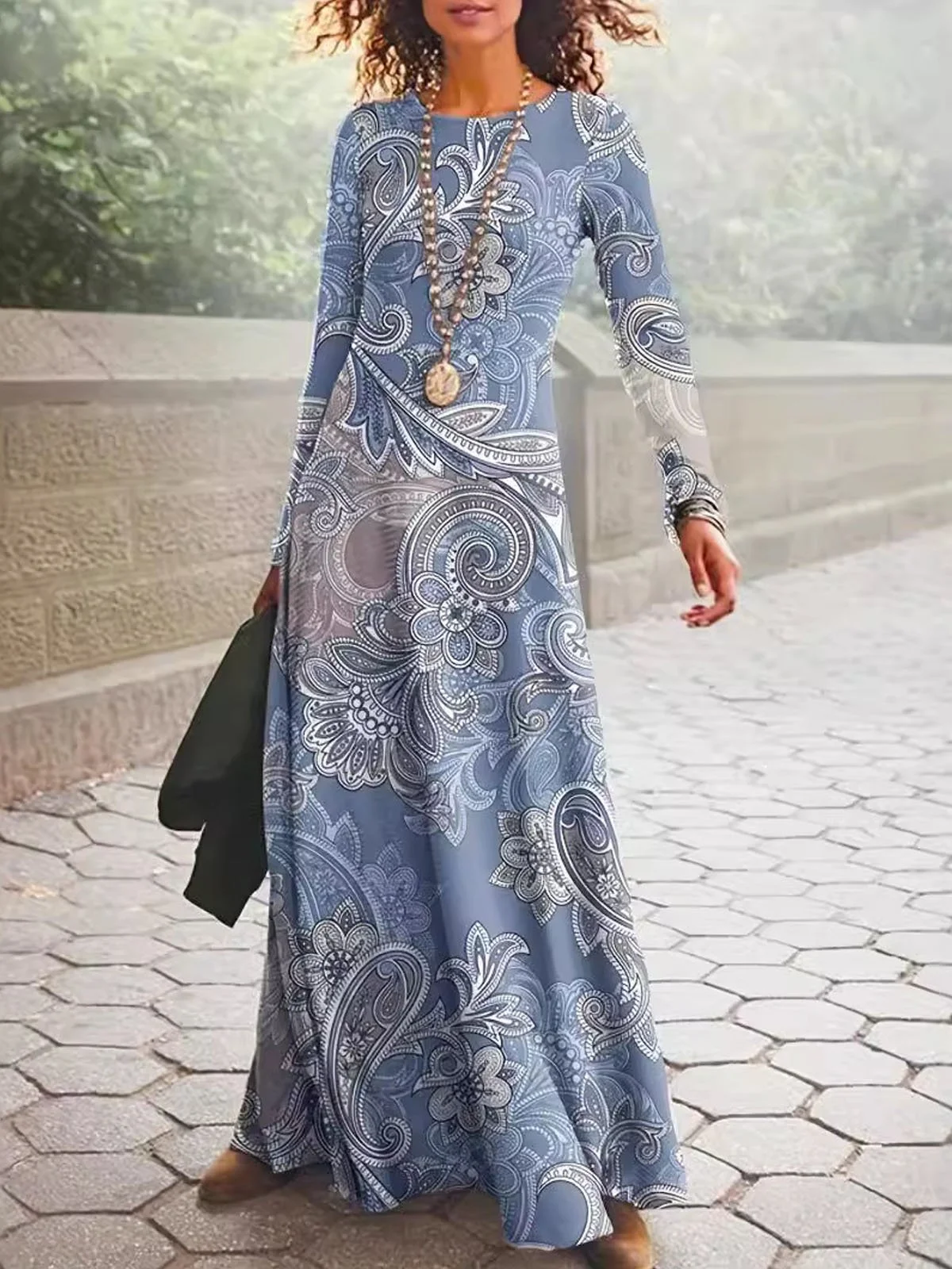 Women's Long Sleeve Spring/Fall Ethnic Dress Crew Neck Daily Going Out Casual Maxi H-Line