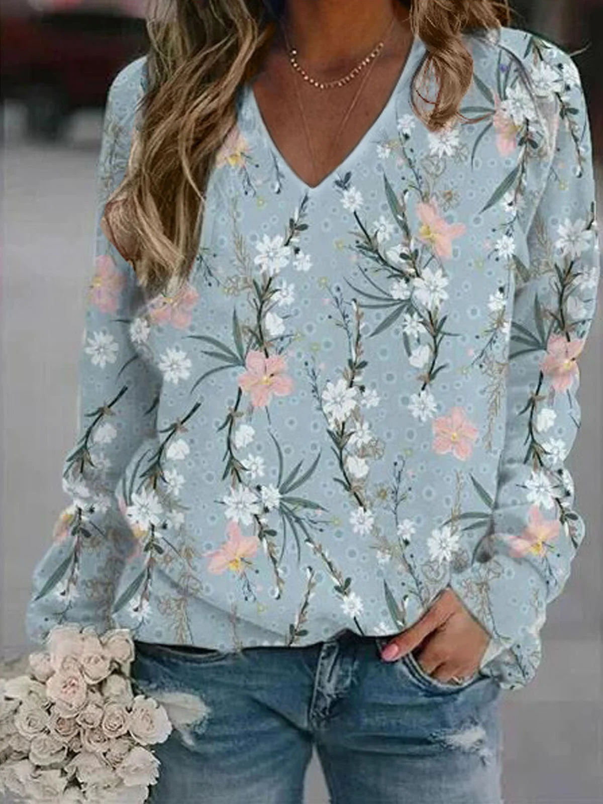 Women's V Neck Floral Casual Spring/Fall Long Sleeve Sweatshirt