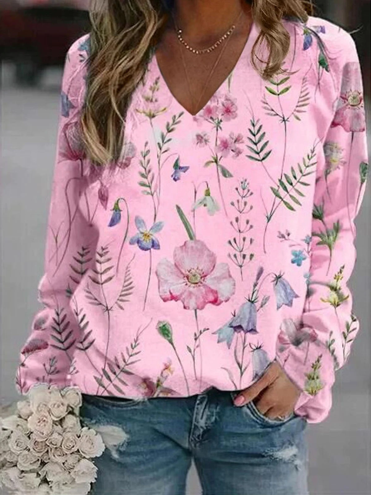 Women's V Neck Floral Casual Spring/Fall Long Sleeve Sweatshirt