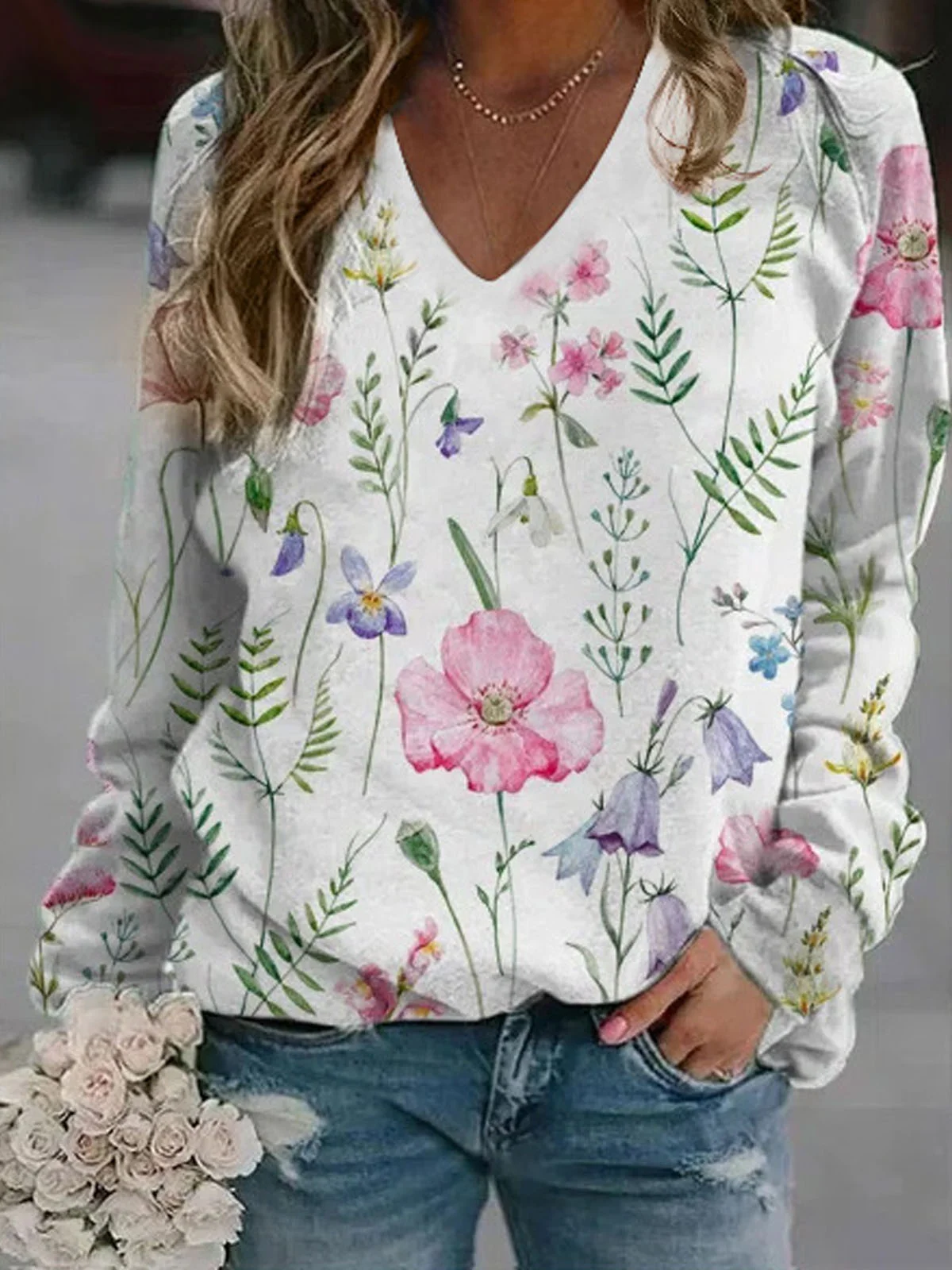 Women's V Neck Floral Casual Spring/Fall Long Sleeve Sweatshirt