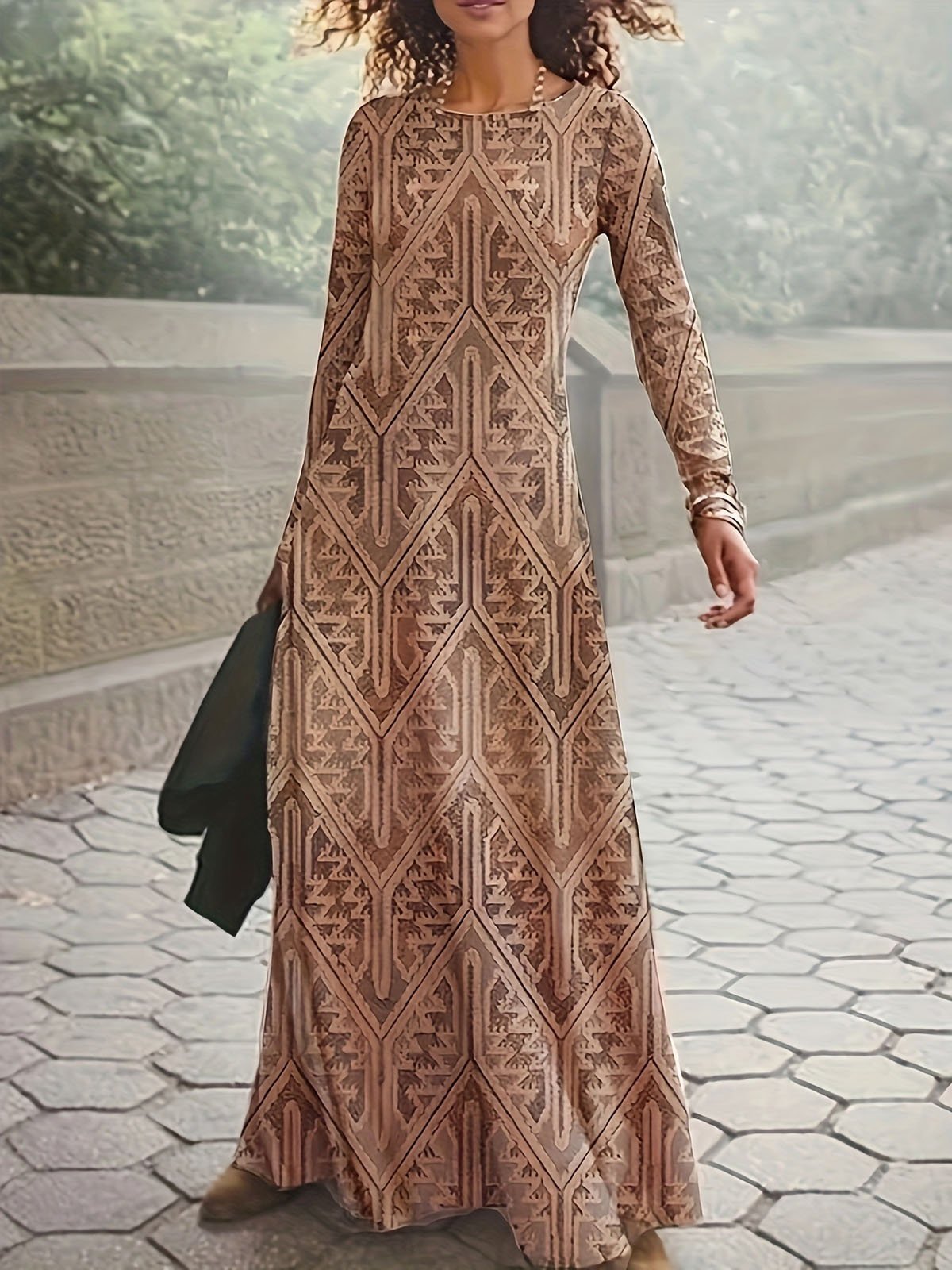 Women's Long Sleeve Spring/Fall Ethnic Dress Crew Neck Daily Going Out Casual Maxi H-Line