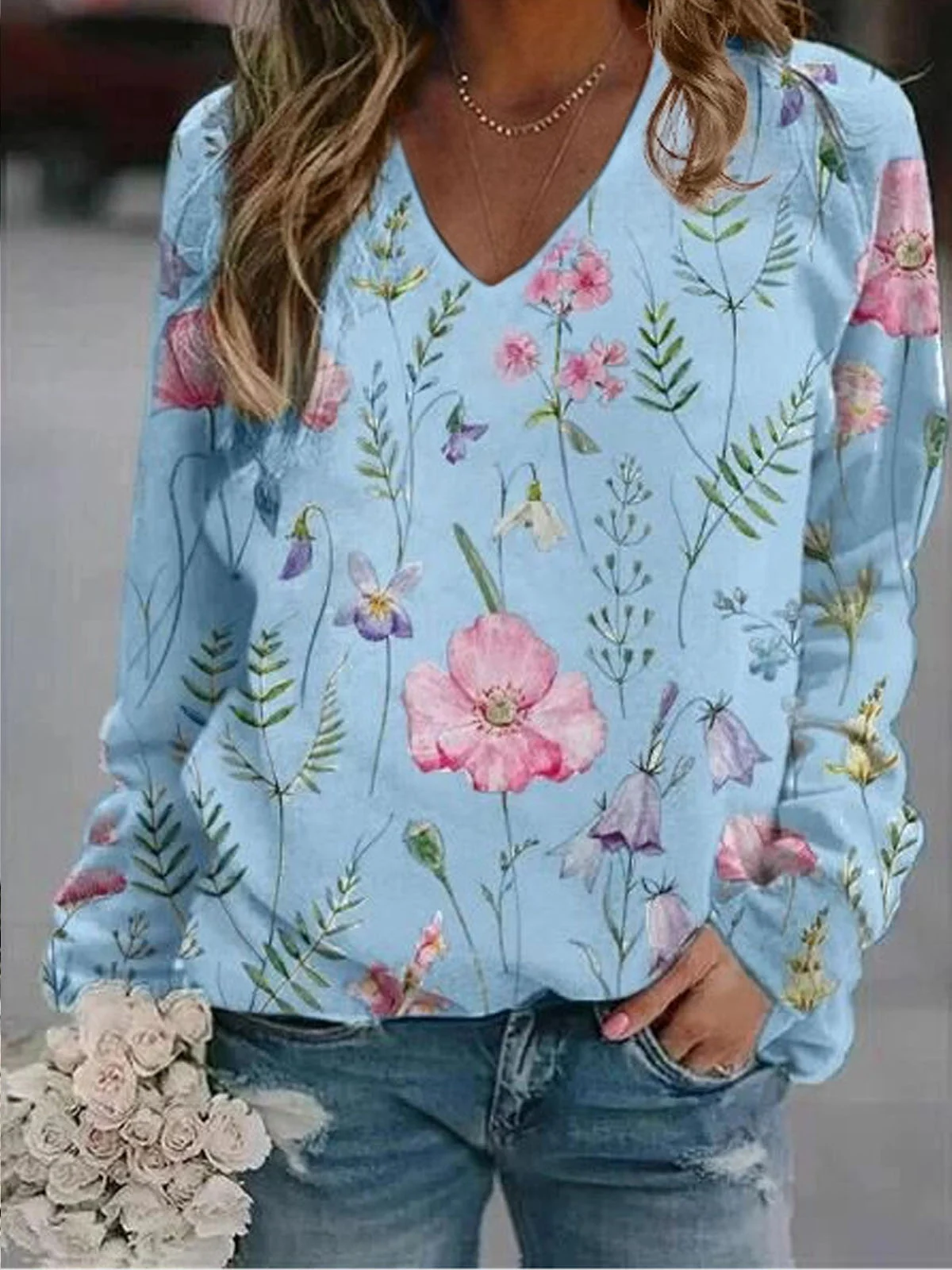 Women's V Neck Floral Casual Spring/Fall Long Sleeve Sweatshirt