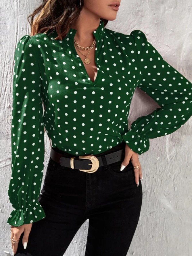 Women's Long Sleeve Blouse Spring/Fall Polka Dots Stand Collar Daily Going Out Casual Top