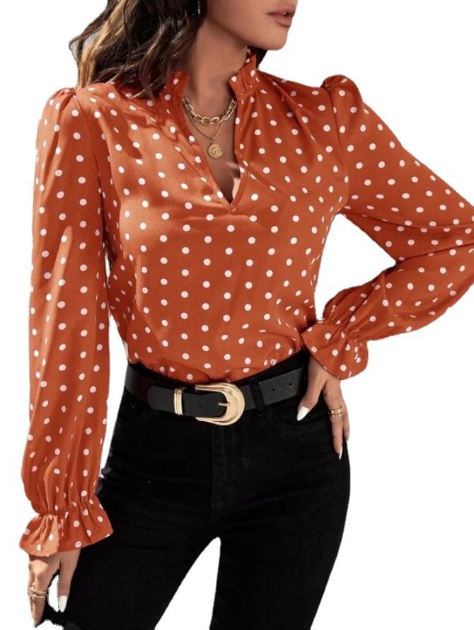 Women's Long Sleeve Blouse Spring/Fall Polka Dots Stand Collar Daily Going Out Casual Top