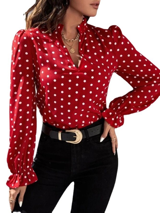 Women's Long Sleeve Blouse Spring/Fall Polka Dots Stand Collar Daily Going Out Casual Top