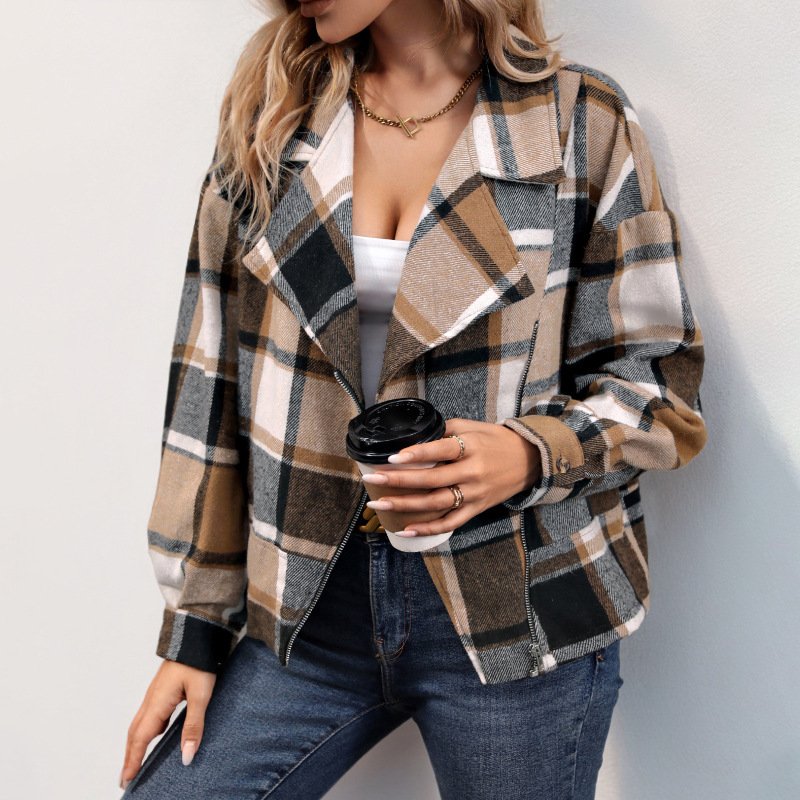 Women's Spring/Fall Outerwear Casual Zipper Plaid Long Sleeve Lapel Collar Jacket