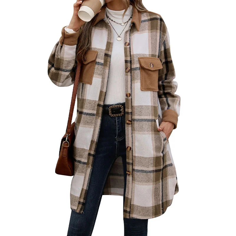 Women's Spring/Fall Outerwear Casual Buckle Plaid Long Sleeve Shirt Collar Jacket