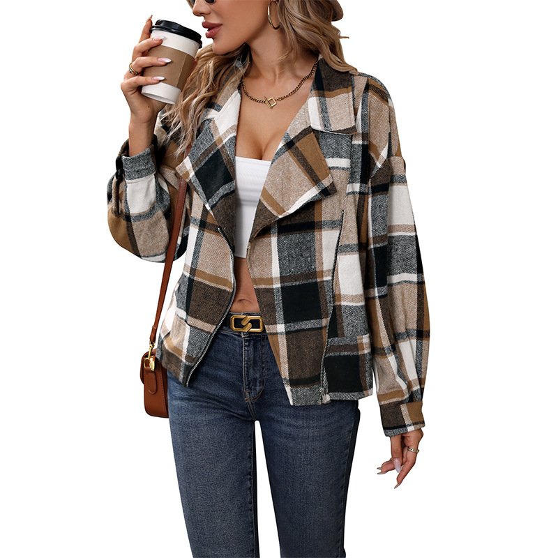 Women's Spring/Fall Outerwear Casual Zipper Plaid Long Sleeve Lapel Collar Jacket