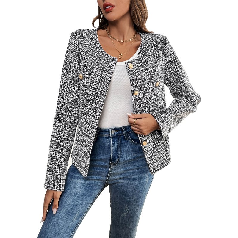 Women's Spring/Fall Outerwear Casual Buckle Plaid Long Sleeve Crew Neck Jacket