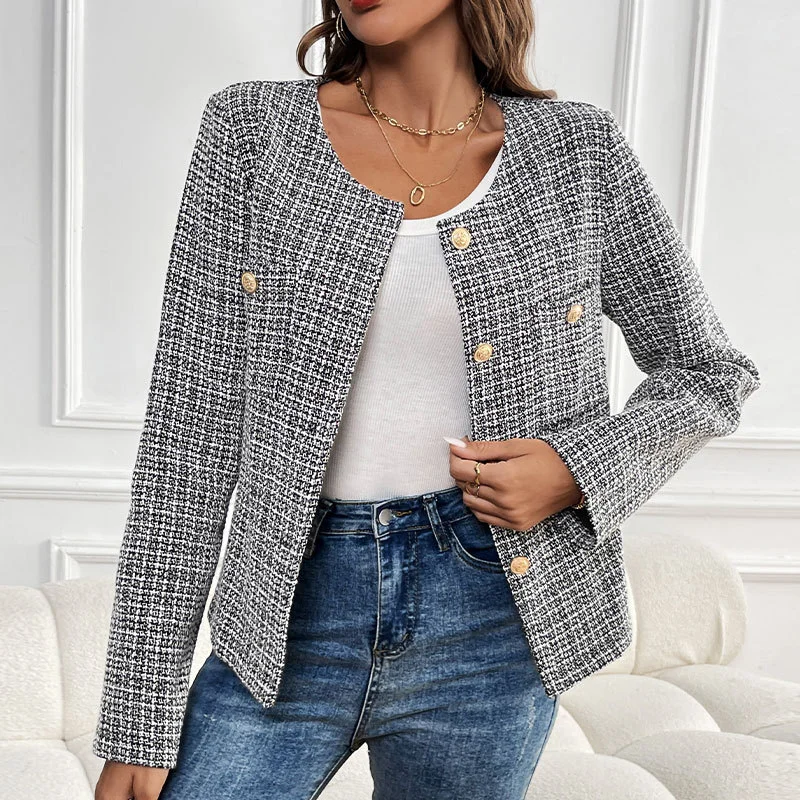 Women's Spring/Fall Outerwear Casual Buckle Plaid Long Sleeve Crew Neck Jacket