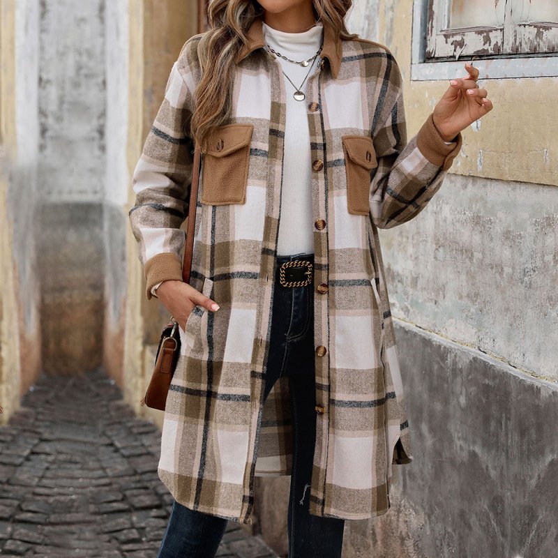 Women's Spring/Fall Outerwear Casual Buckle Plaid Long Sleeve Shirt Collar Jacket