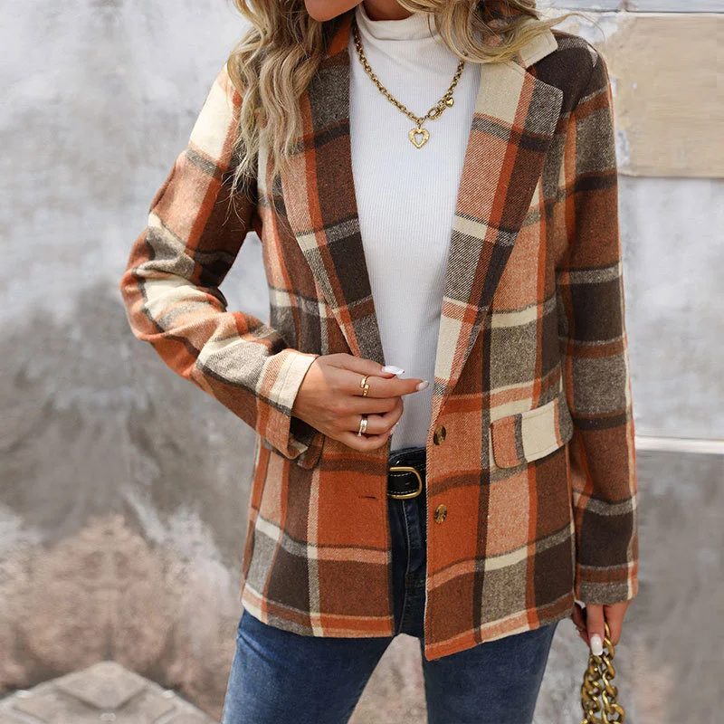 Women's Spring/Fall Outerwear Casual Plaid Long Sleeve Lapel Collar Regular Blazer