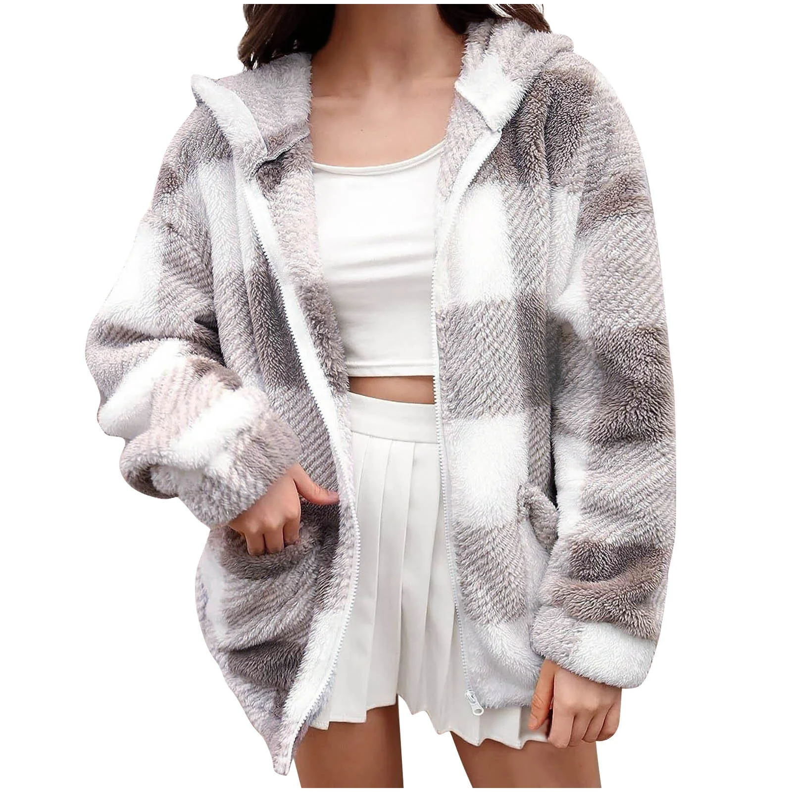 Women's Winter Outerwear Teddy Velvet Casual Plaid Long Sleeve Hoodie Fleece Coat