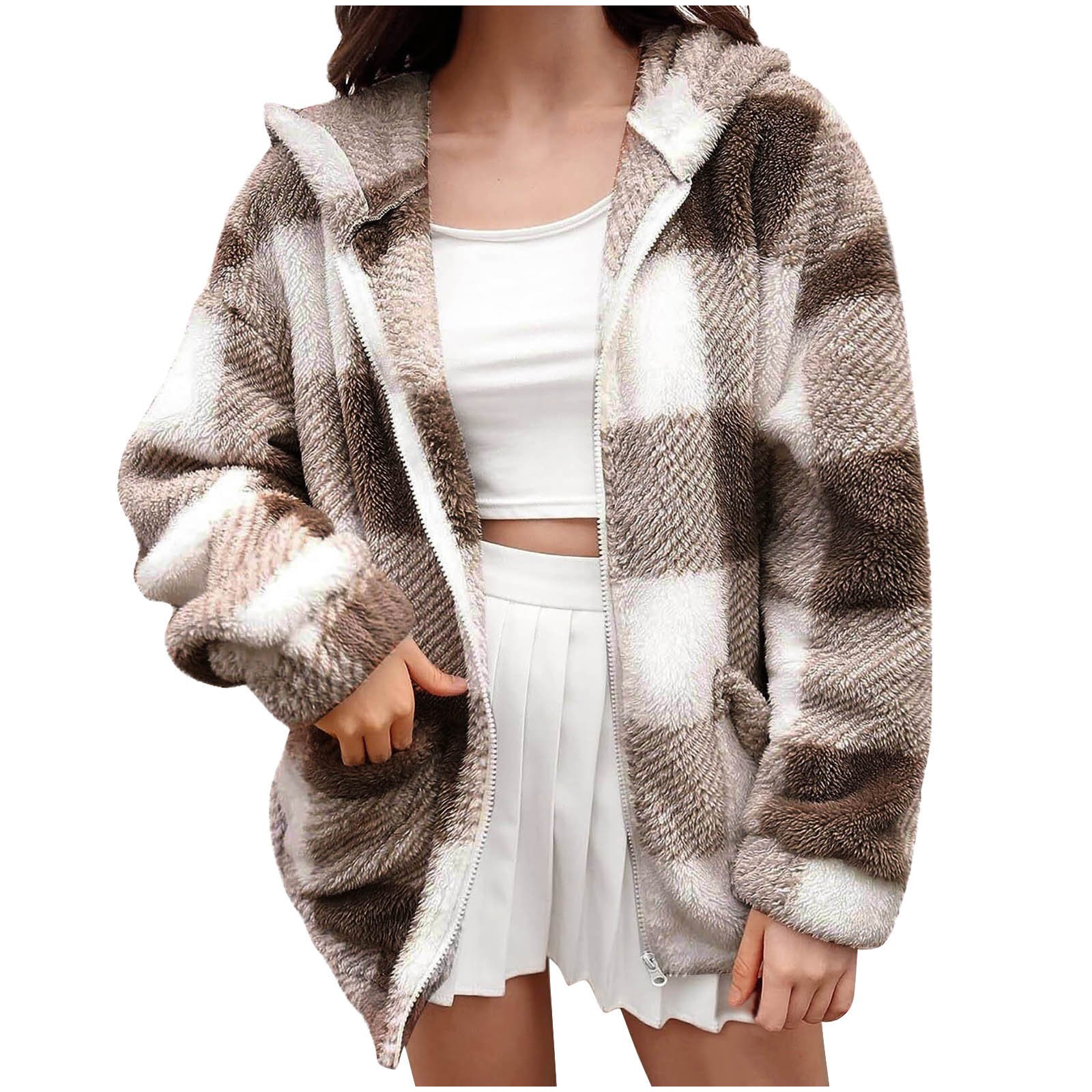 Women's Winter Outerwear Teddy Velvet Casual Plaid Long Sleeve Hoodie Fleece Coat