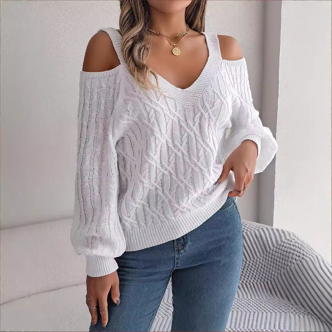 Women's Spring/Fall Plain Casual Long Sleeve Cold Shoulder Wool/Knitting Sweater