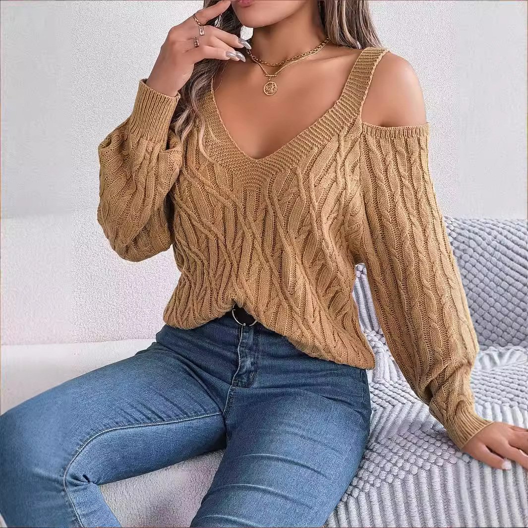 Women's Spring/Fall Plain Casual Long Sleeve Cold Shoulder Wool/Knitting Sweater