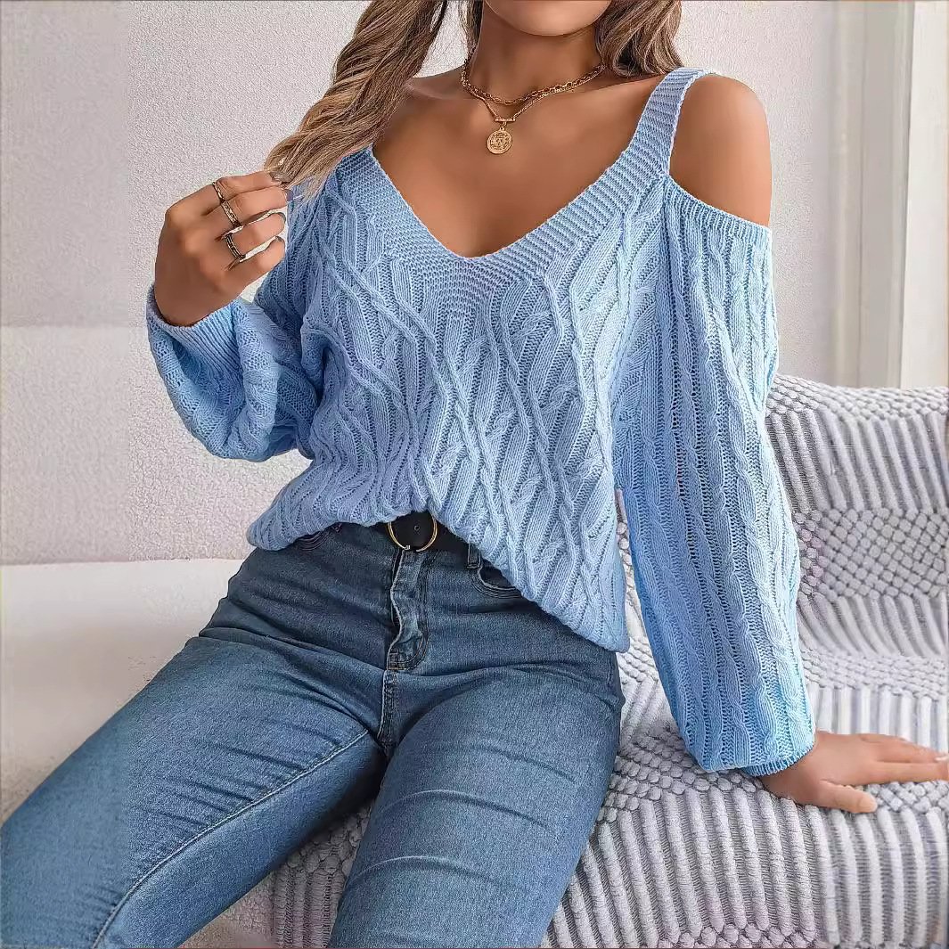 Women's Spring/Fall Plain Casual Long Sleeve Cold Shoulder Wool/Knitting Sweater