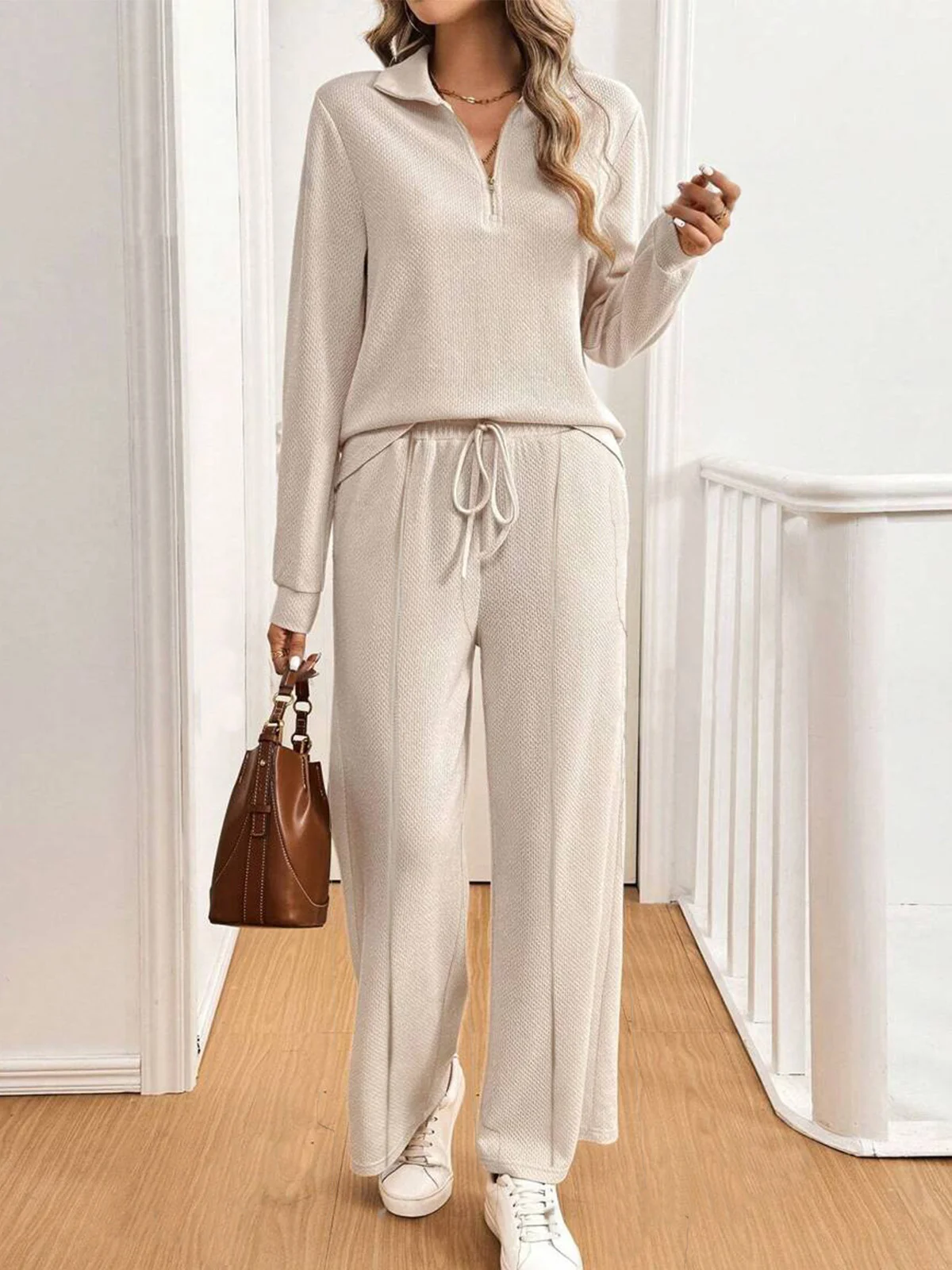 Women's Zipper Plain Daily Going Out Two Piece Set Long Sleeve Casual Spring/Fall Top With Pants Matching Set