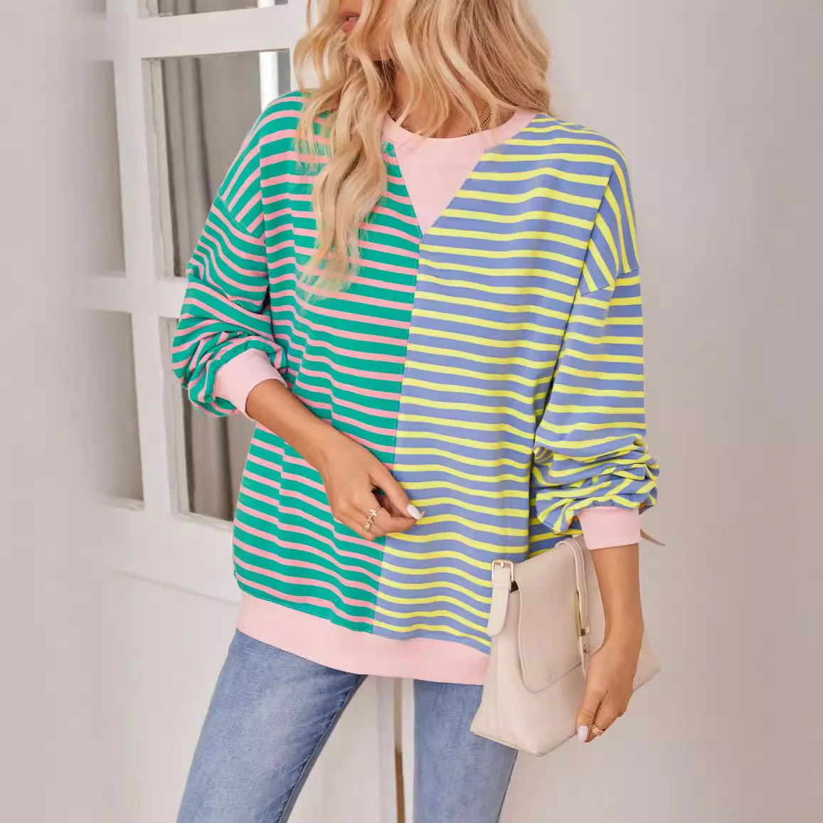 Women's Crew Neck Striped Casual Spring/Fall Long Sleeve Sweatshirt